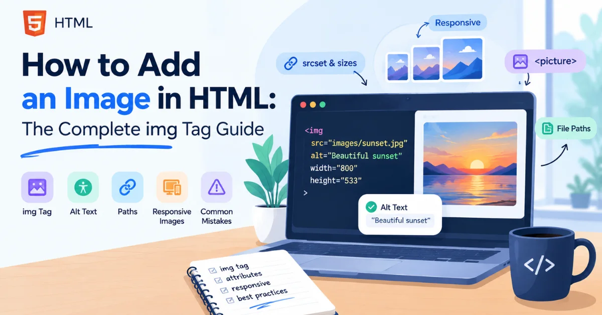 How to add an image in HTML using the img tag, responsive images, and alt text